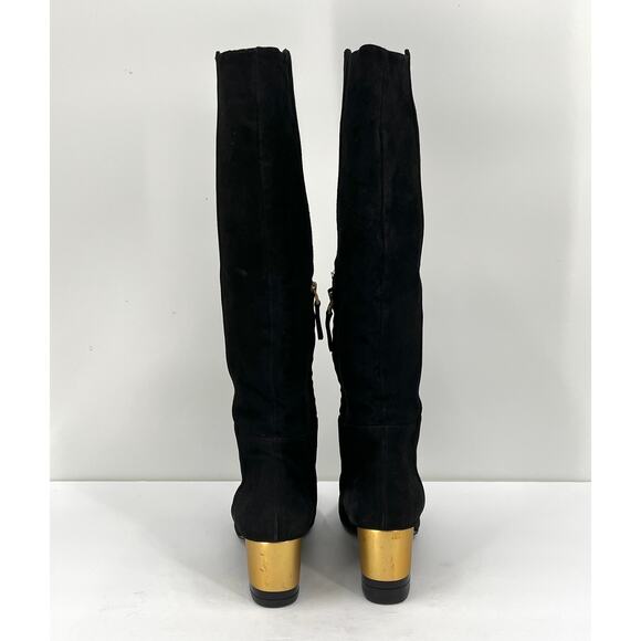 FENDI Boots Womens 38.5 Black Suede Knee High Tall Block Heeled Shoes Gold - Picture 5 of 13